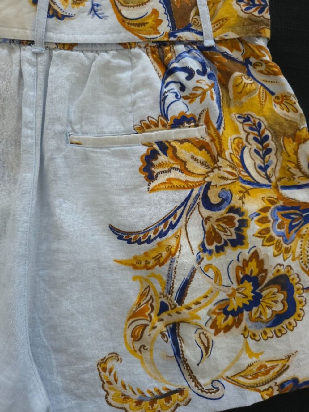 JOIE 100% Linen High-Waisted Lt Blue & Yellow Paisley Bohemian Belted Shorts L - Picture 4 of 7